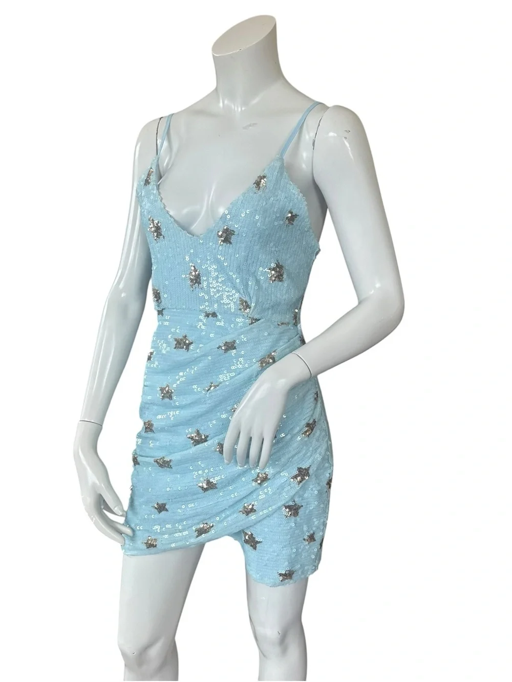 Superdown Dina Sky Blue Gold Star Print Sequin Ruched Front Mini Dress Sz Small